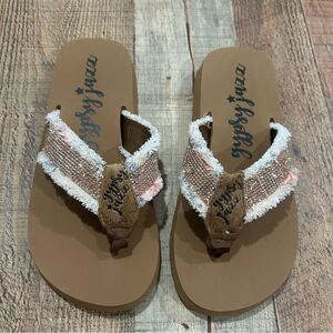 Blissful Steps Women’s Brown and White Fringe Flip Flops